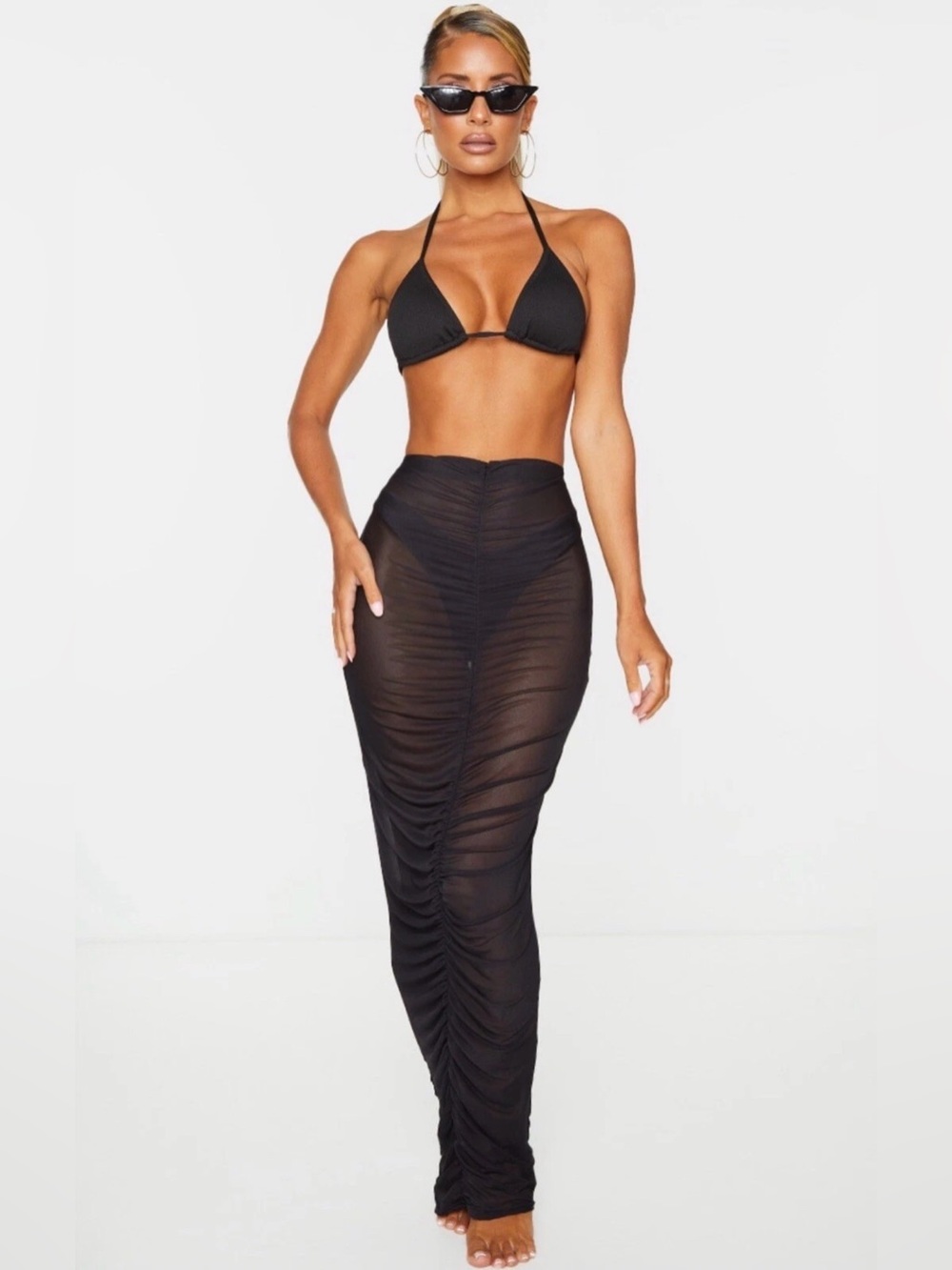 PrettyLittleThing Black Ruched Mesh Sheer Maxi
Beach Cover Up Skirt Size 16